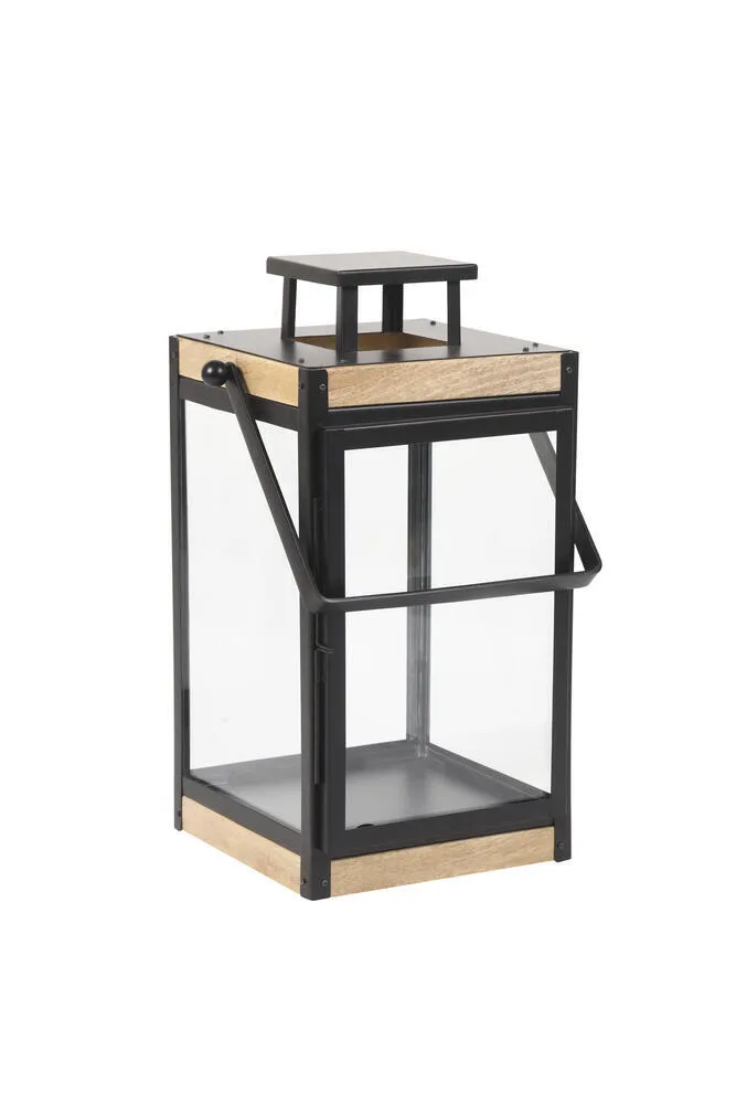 15.1" Natural Wood & Metal Lantern