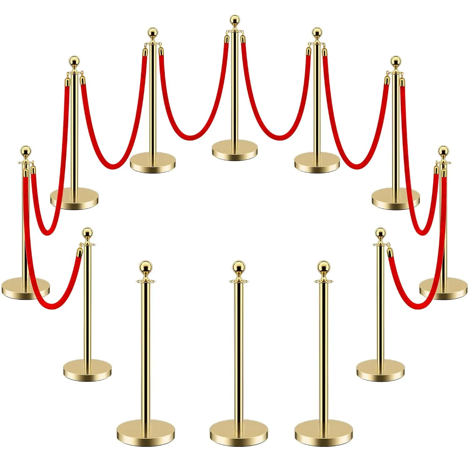 Crowd Control Stanchions, 12Pcs Gold Post w/base & 10 Ropes
