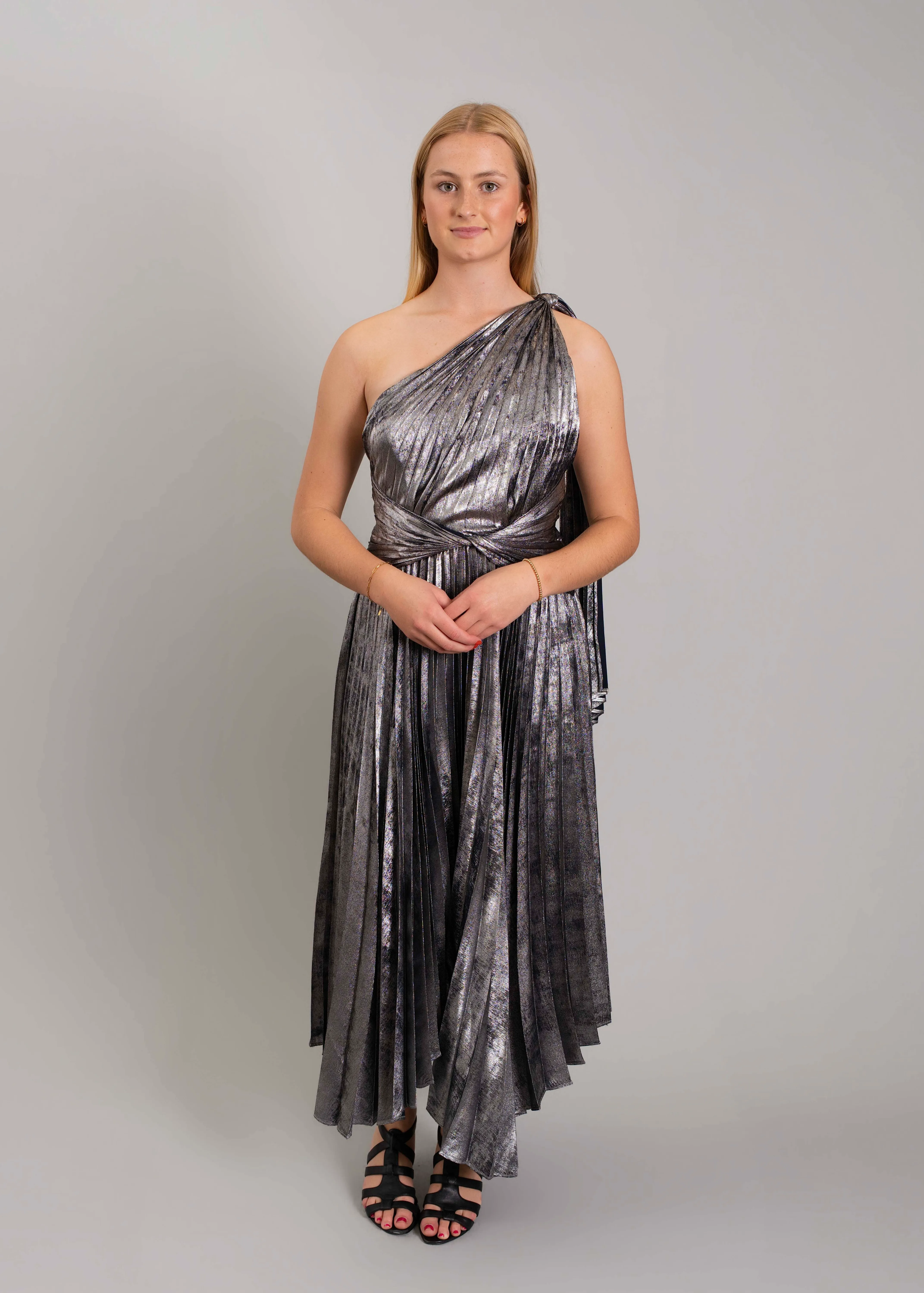 ACLER - Metallic silver one- shoulder pleated maxi dress
