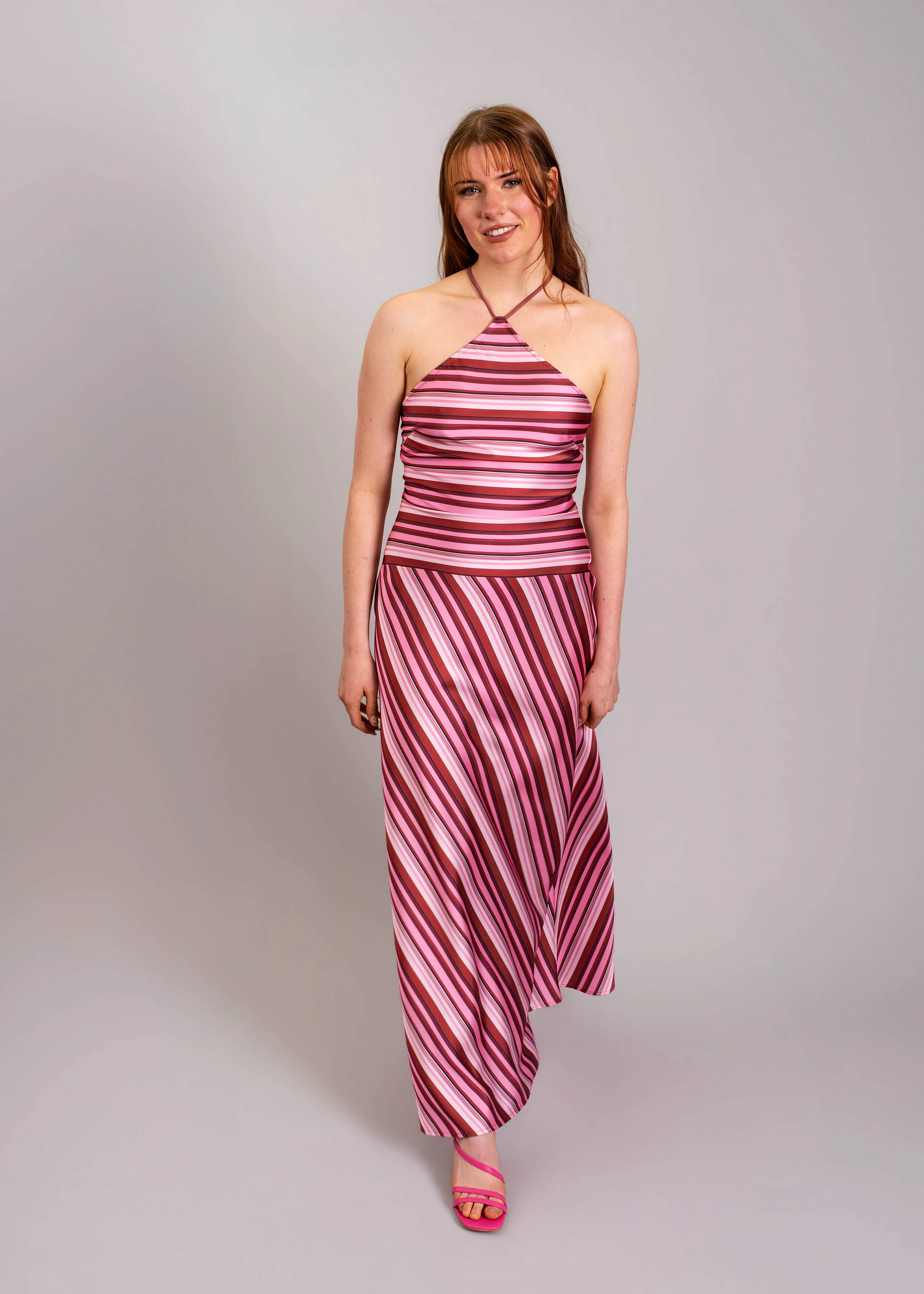 WITH HARPER LU - Halter maxi dress in magenta stripe 