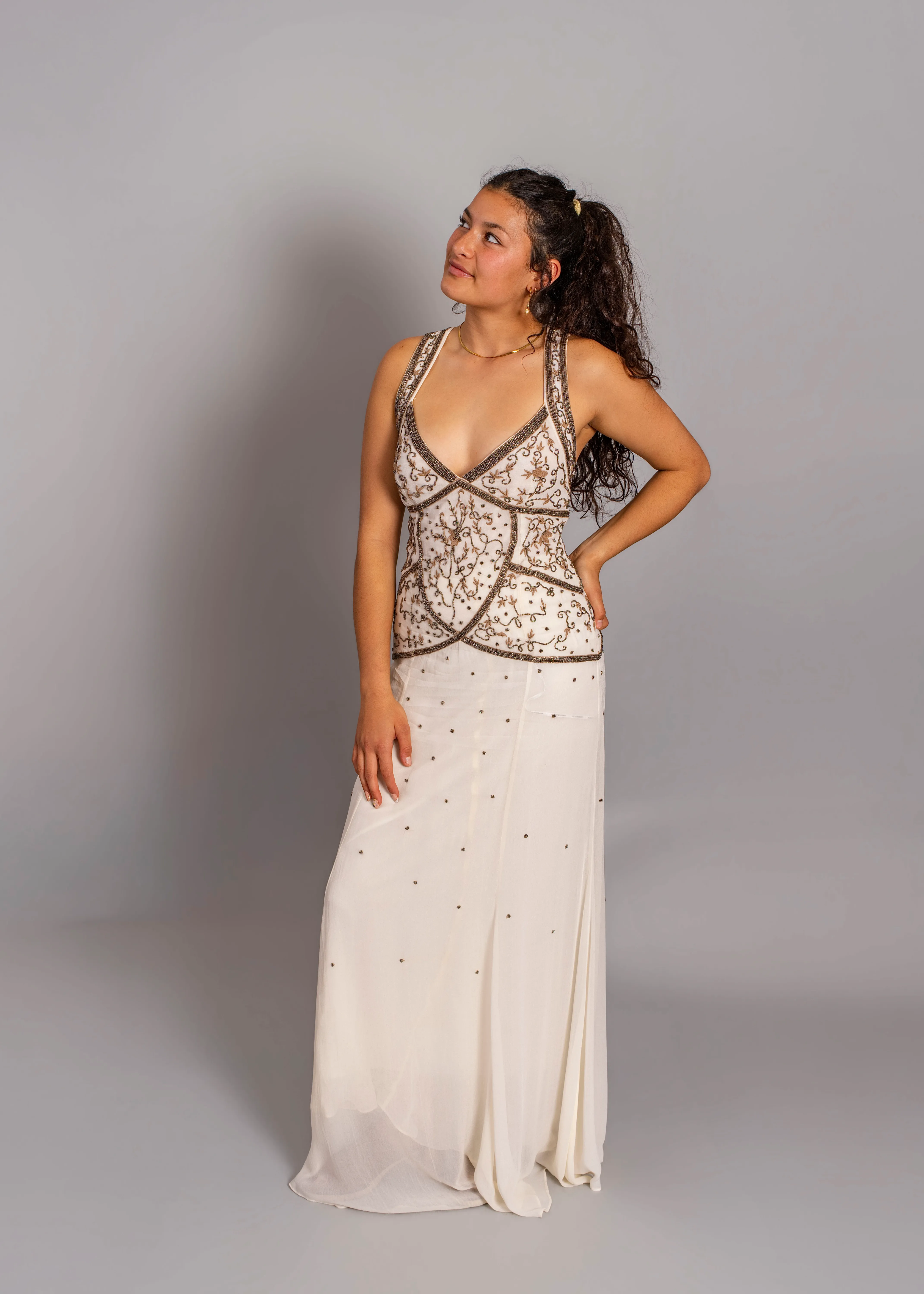 HANSEN AND GRETEL - Maja beaded maxi dress in silver veil 