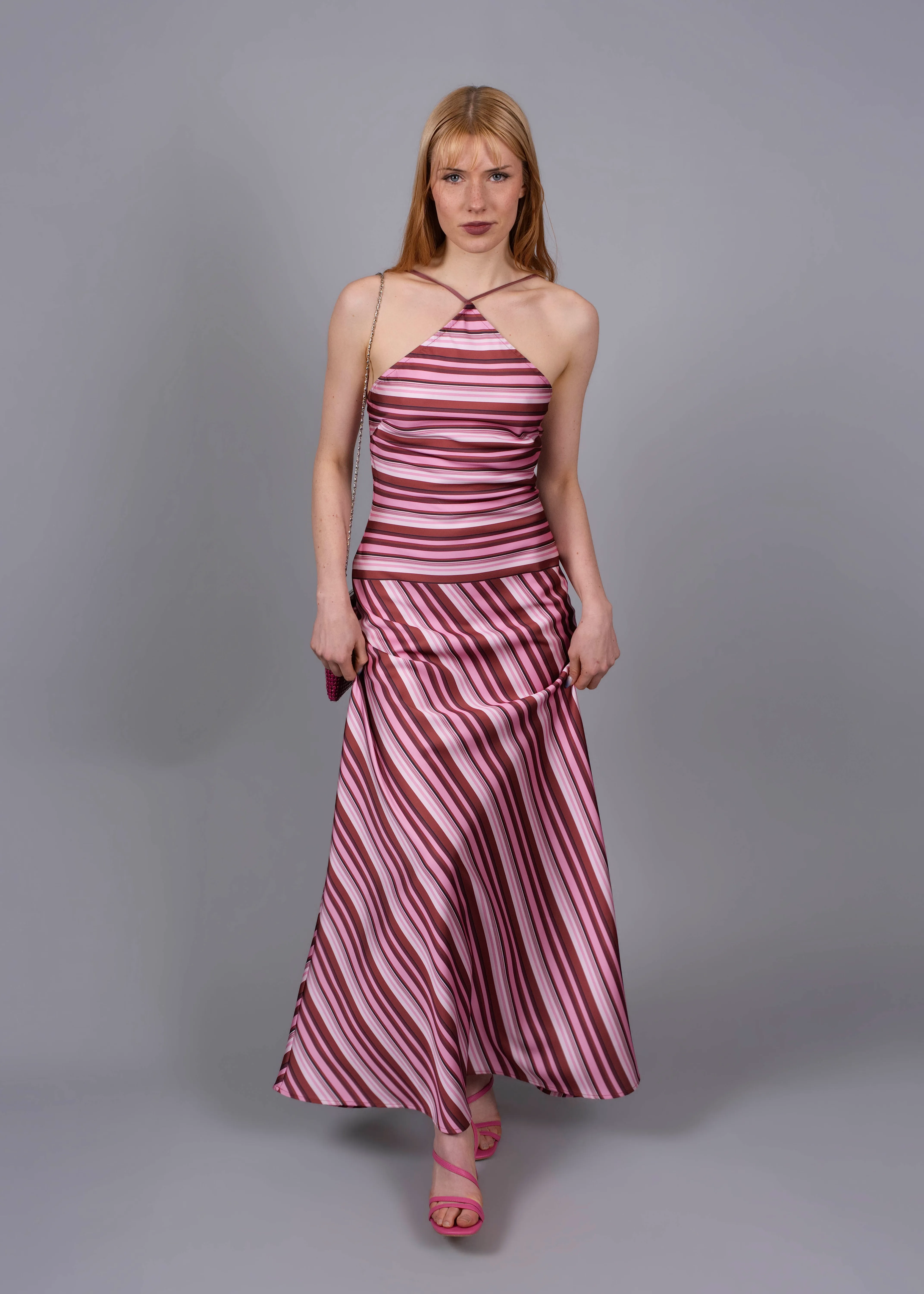 WITH HARPER LU - Halter maxi dress in magenta stripe 