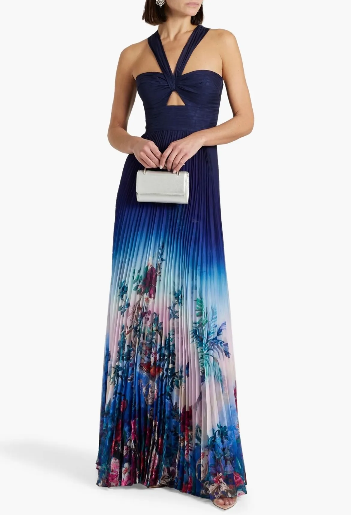 Notte Long Cutout Printed Plissé-Chiffon Gown