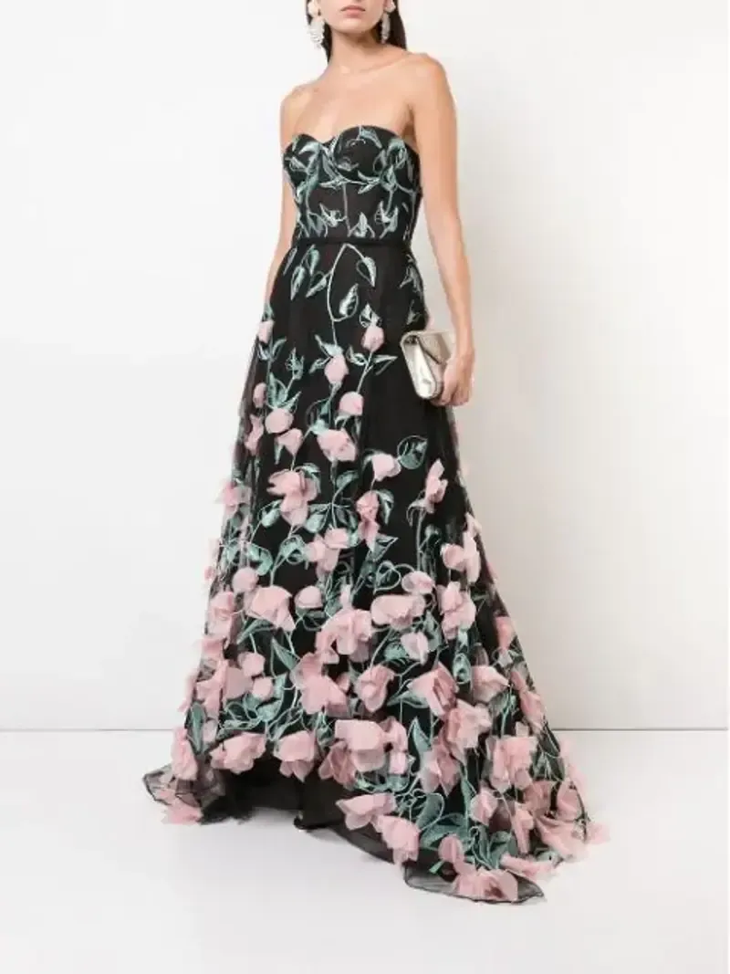 Marchesa Notte Black Strapless Gown with Florals