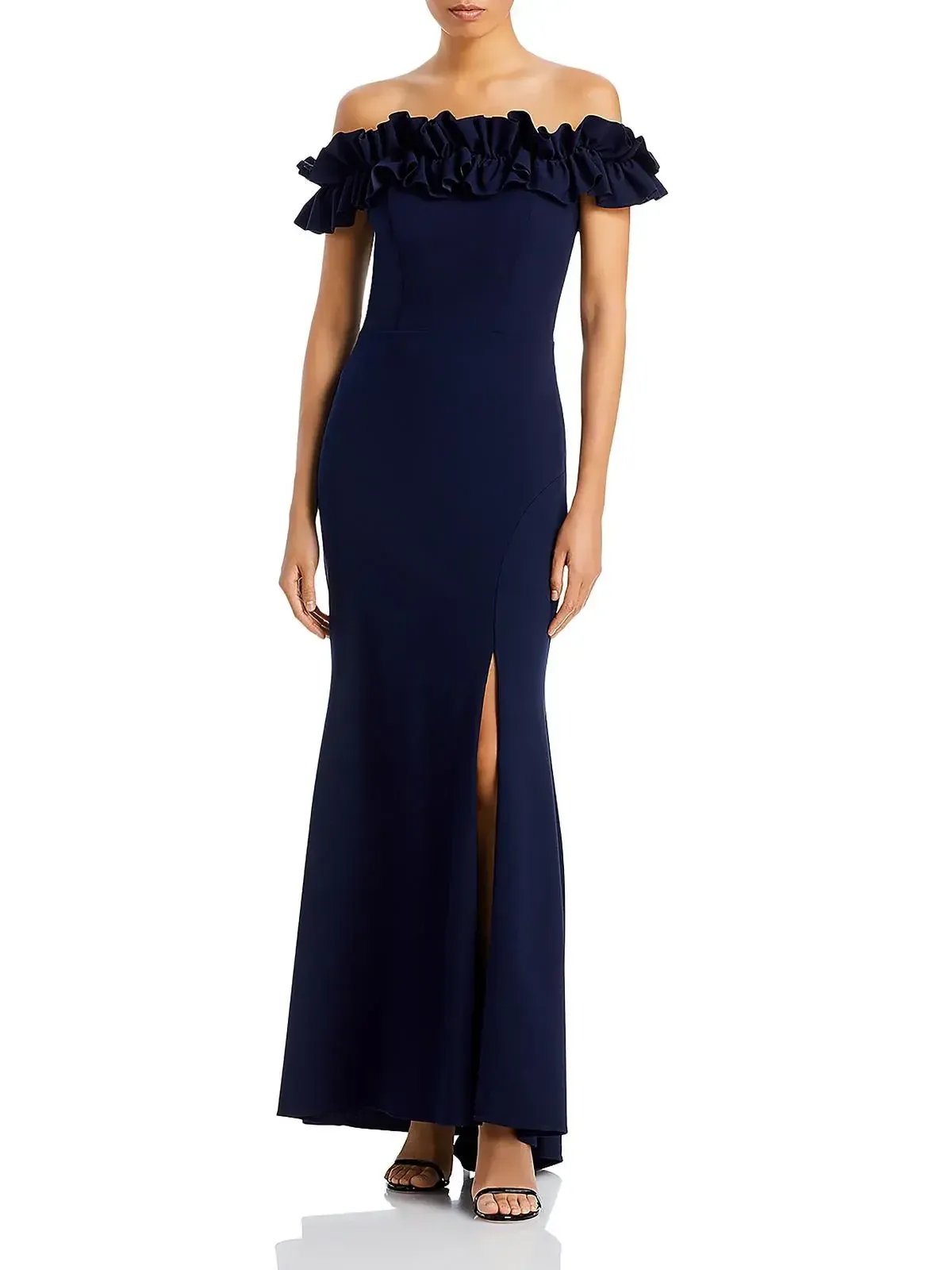 AQUA Off Shoulder Ruffled Navy Gown