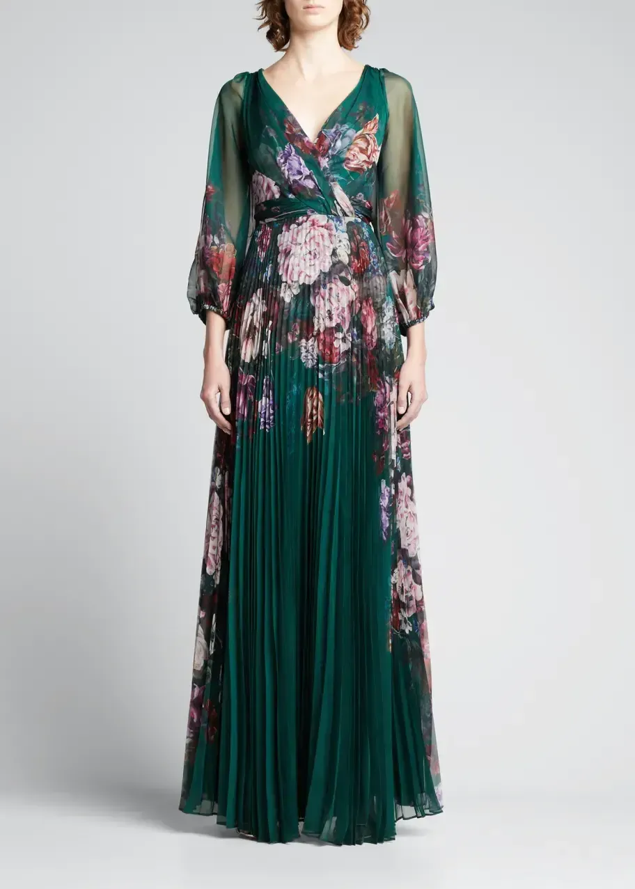 Marchesa Notte Long-Sleeve Green Floral Dress