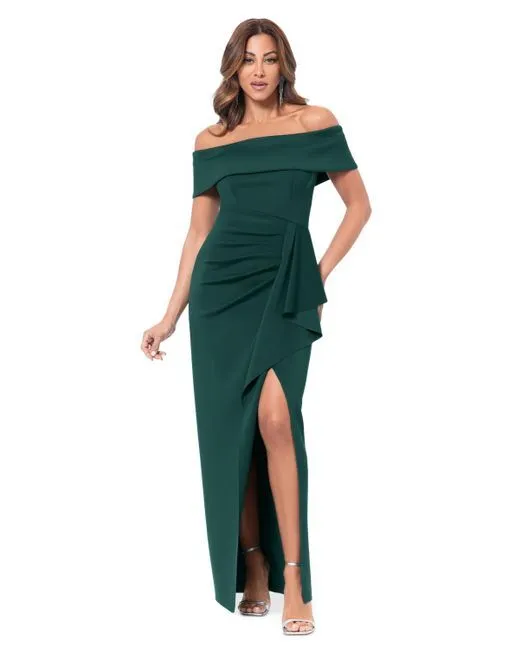 XSCAPE Off Shoulder Ruched Green Gown