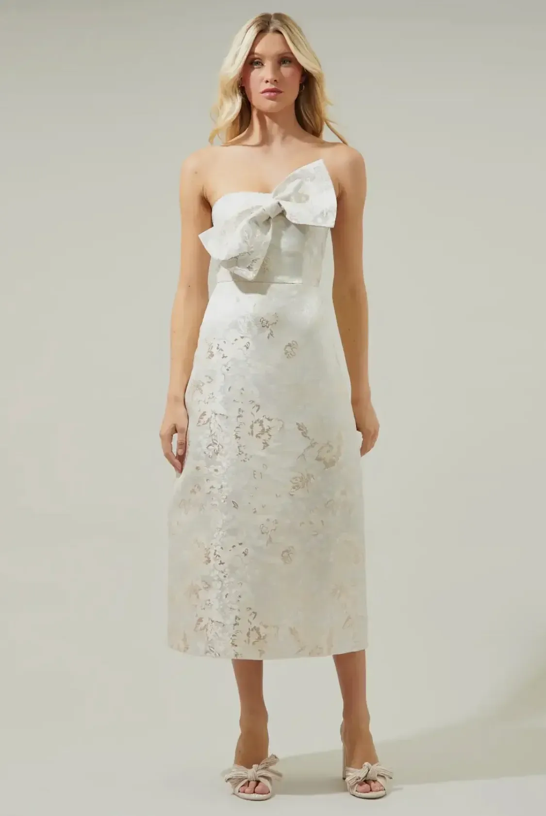 Ivory Jacquard Bow Midi Dress