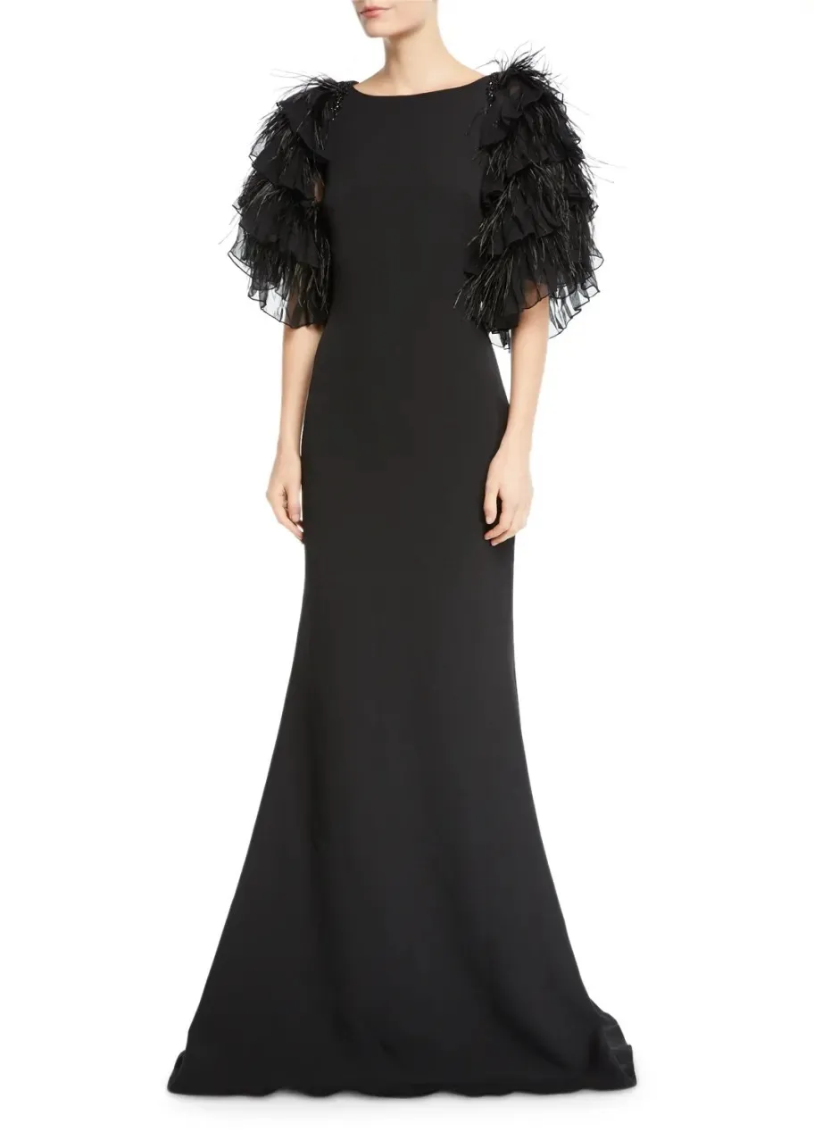 Badgley Mischka High-Neck Feather Tiered Ruffle-Sleeve Gown