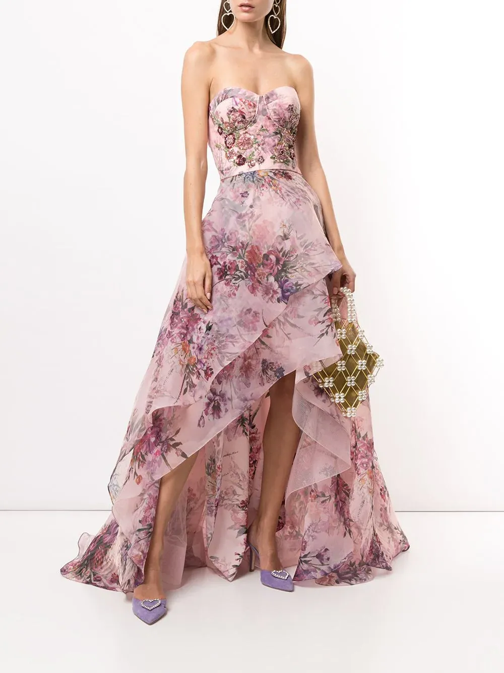 Marchesa Notte High/Low Floral Pink Gown