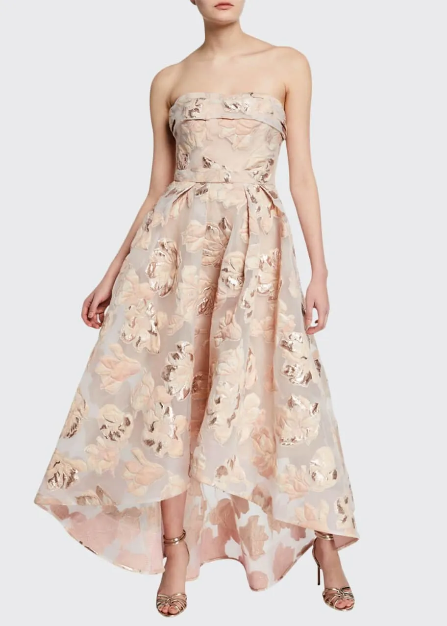 Marchesa Notte Strapless Metallic Fil Coupe High-Low Gown