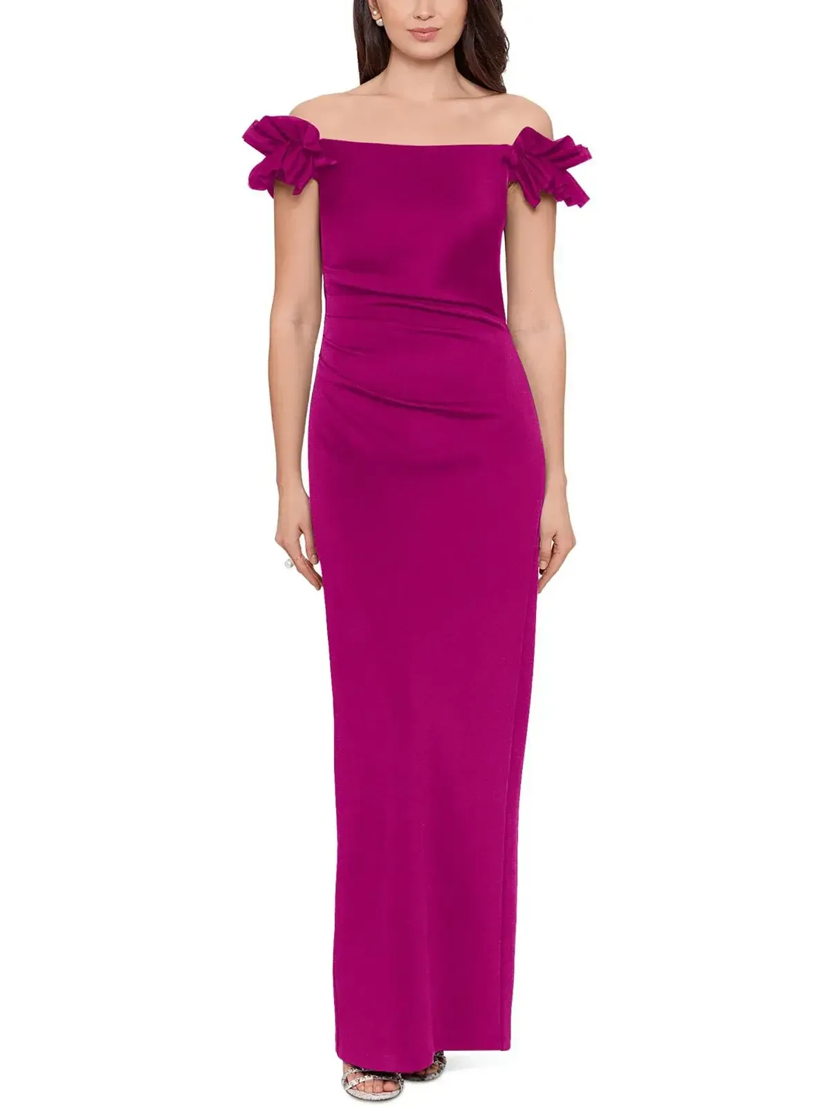 XSCAPE Off Shoulder Ruffled Pink Gown