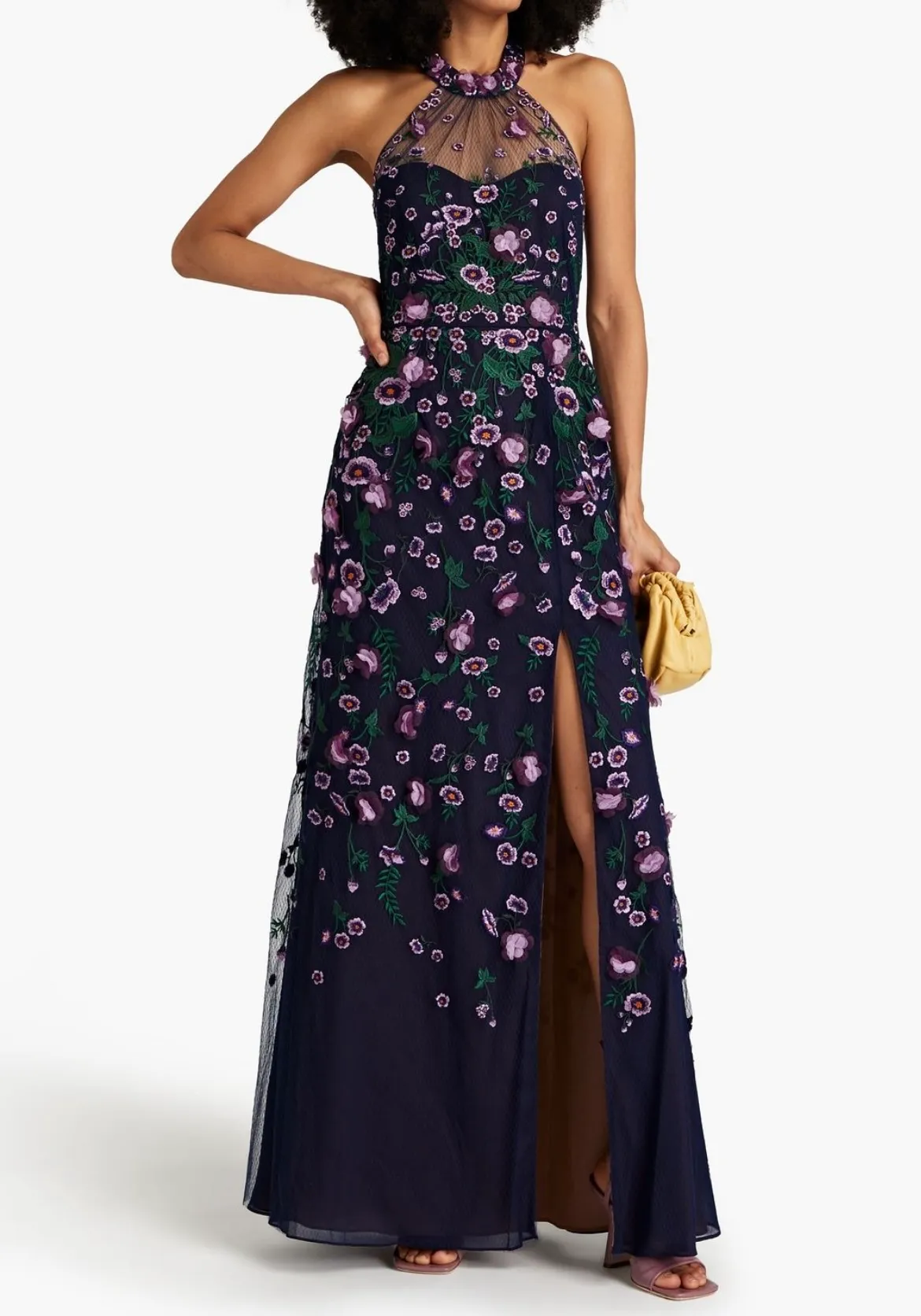 Marchesa Notte Embroidered Halter Neck Gown