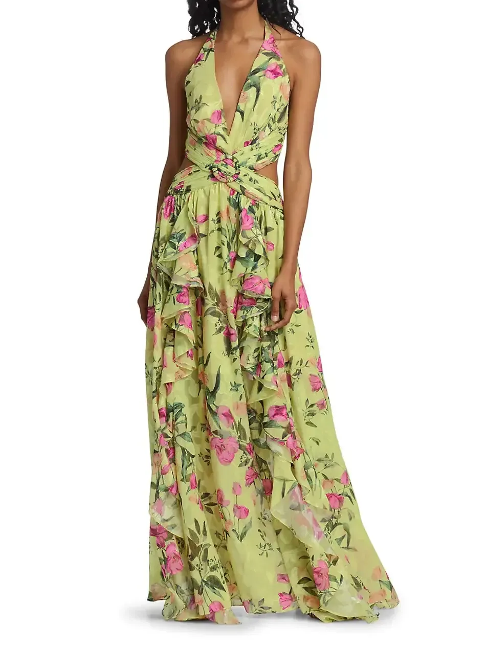 PatBo Yellow Halter Cut-Out Maxi Dress