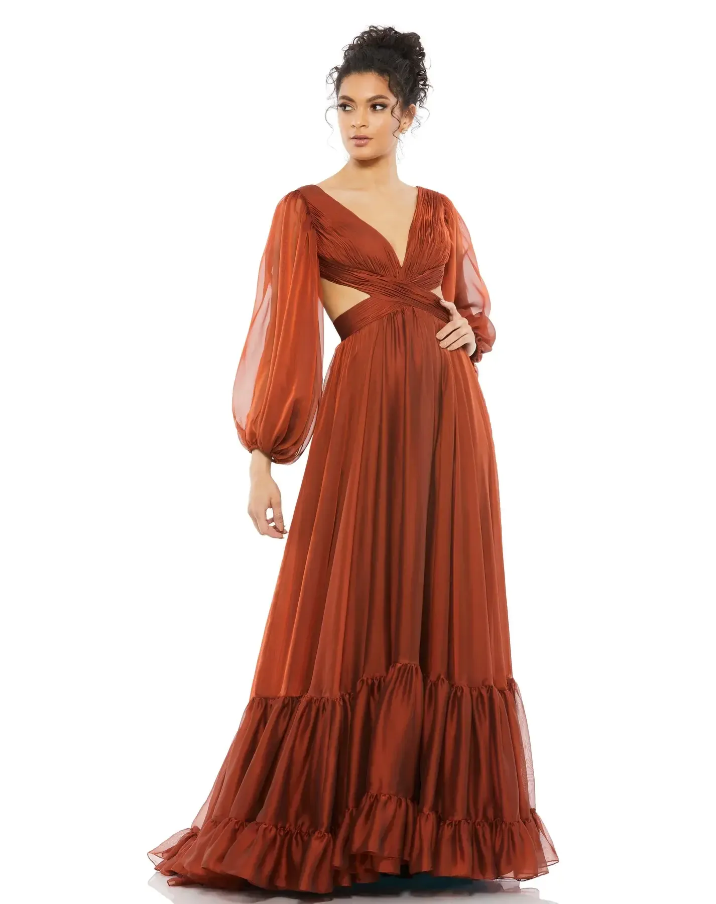 Mac Duggal Pleated Cut Out Long-Sleeve Gown in Copper