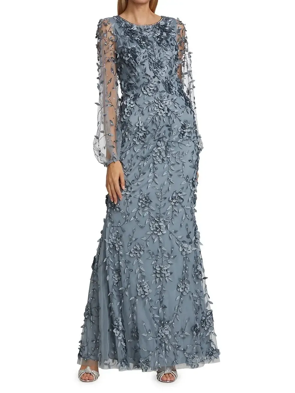 Theia Floral Aplique Illusion Sleeve Gown