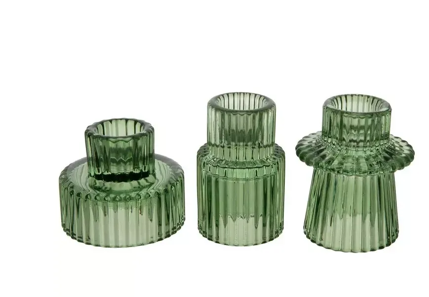 Green Ribbed Tapered Candle Holder