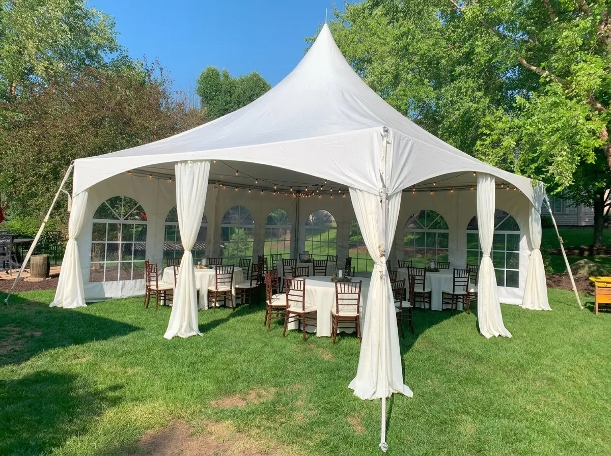 20x20 high peak frame tent rental set up with window sidewalls and warm lighting for an outdoor event.