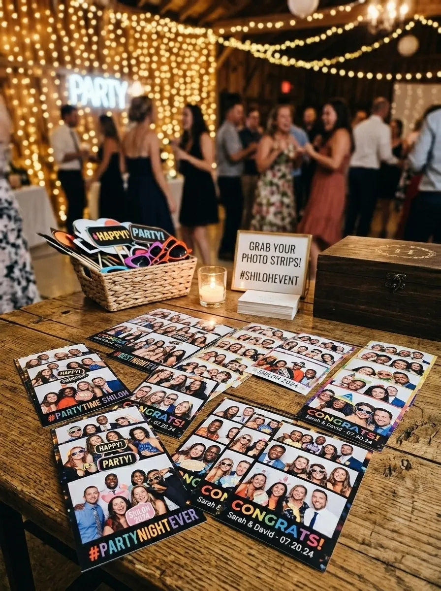 Freshly printed photo strip souvenirs resting on a photo booth print table.