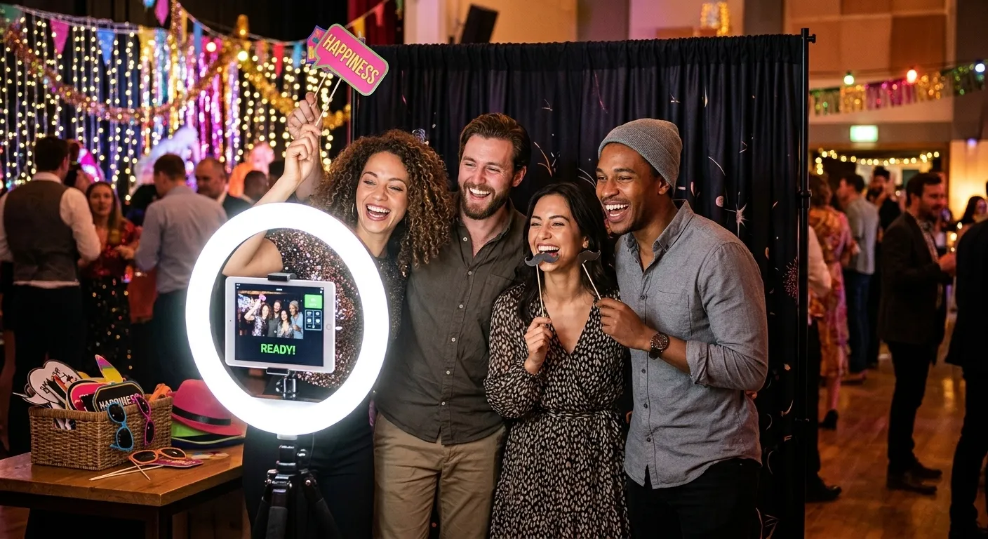 Show-Me Soirees DSLR photo booth rental with umbrella strobe light and printing station.