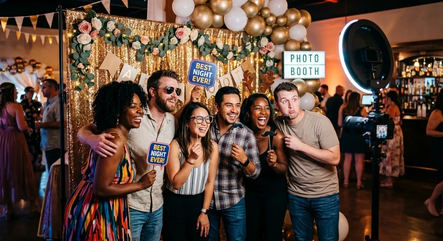 Guests standing in position for a photo booth picture.
