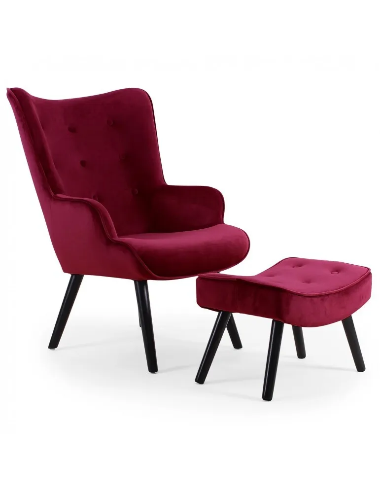 Fauteuil scandinave + pouf Lylou Velours Bordeaux