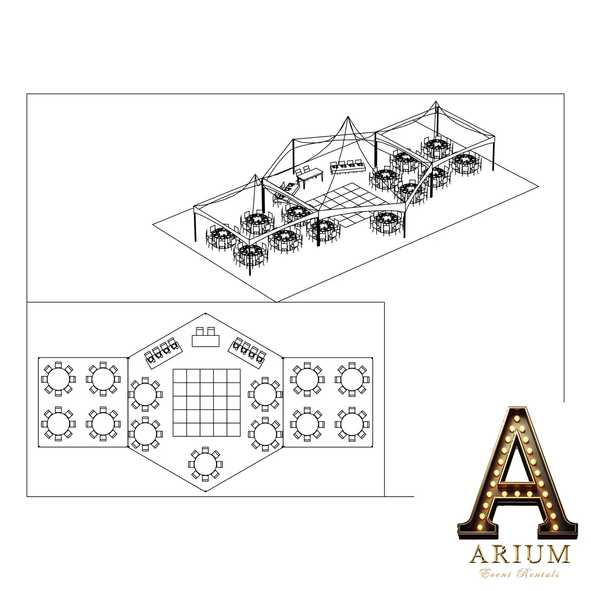 (Premium) 114 Guest 40' Hex & 2 20x20 W/ Round Tables And Dance Floor.