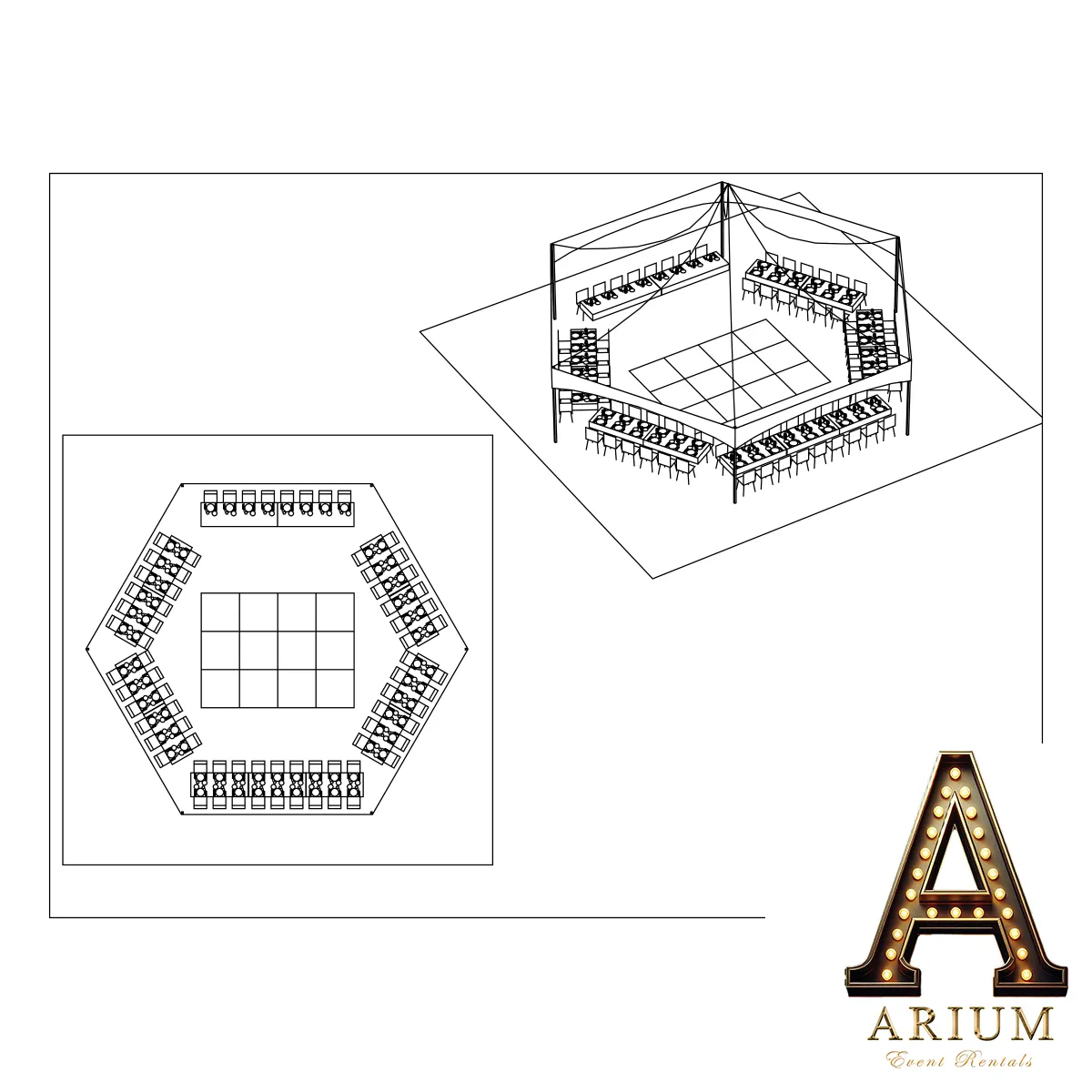 (Premium) 74 Guest 40' Hex Tent Package W Rectangle Tables And Dance Floor