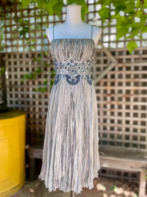 Silver Pleated A-line Dress with Beaded Waistline