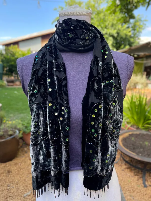 Sequinned Black Velvet Burnout Scarf