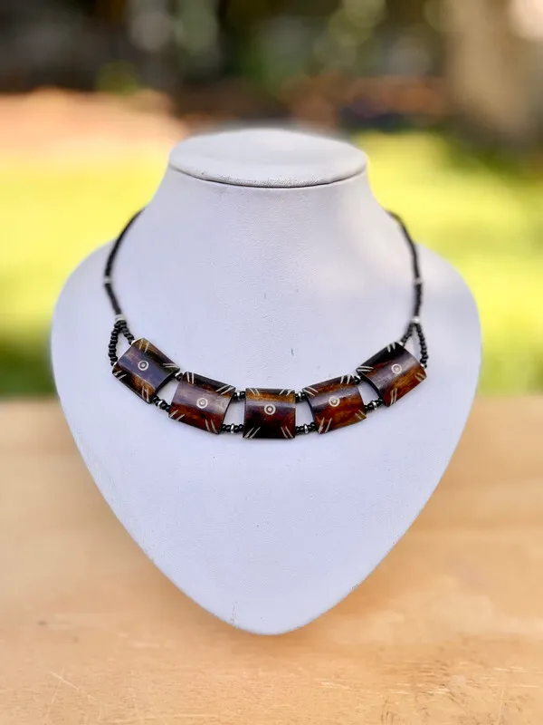 Brown Choker Necklace with Tiki-Style Pendants