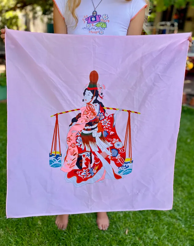 Pink Square Scarf with Japanese Woman Design