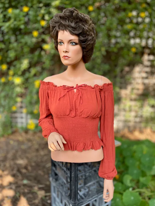 Red Long-Sleeve Peasant Blouse with Shirred Waist