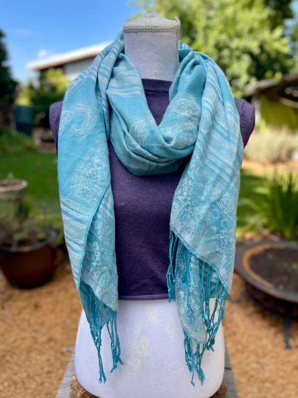 Blue Paisley Scarf with Fringe