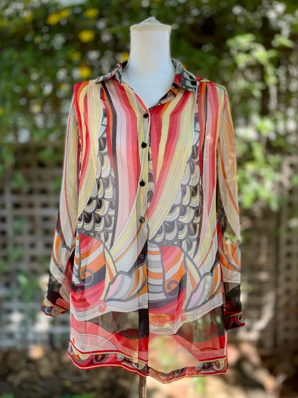 Black Sheer Button-Down Shirt with Pucci-Style Pattern