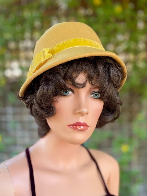 Yellow Cloche Hat with Velvet Bow