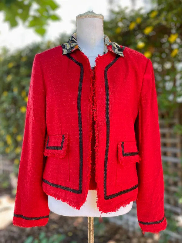 Collarless Red Jacket with Ribbon Details