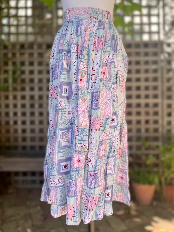 Blue 80s Print Midi Skirt with Button Placket and Pockets