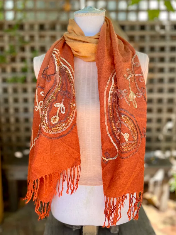 Sequinned Orange Paisley Scarf with Fringe