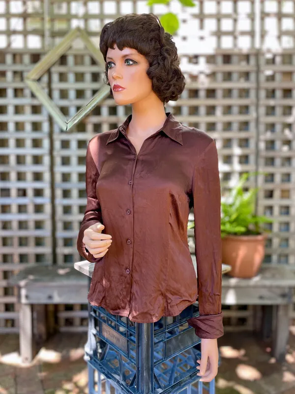 Brown Satin Button-Down Shirt