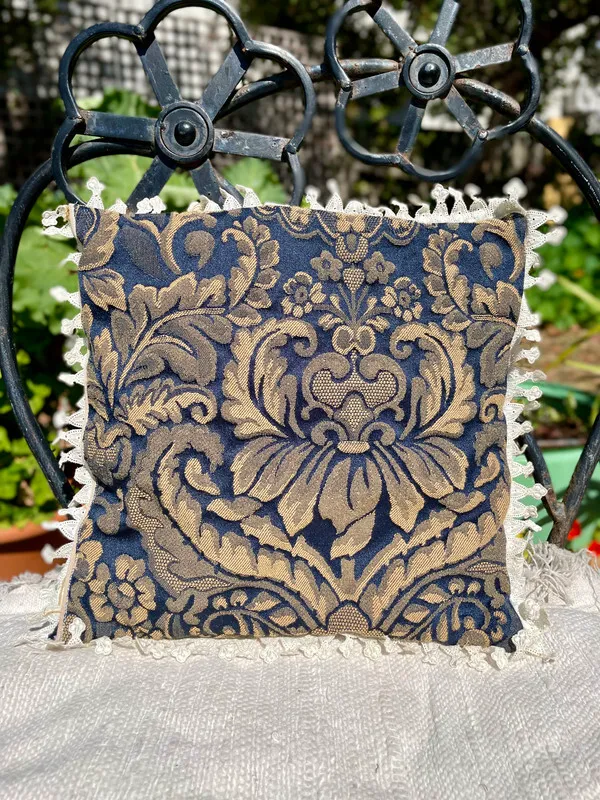 Small Damask Cushion with Lace Trim