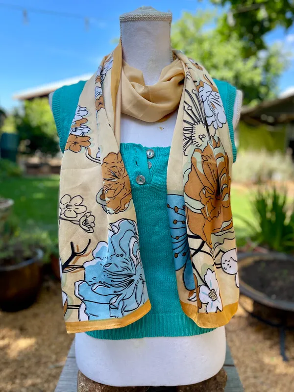 Long Yellow Scarf with Floral Print