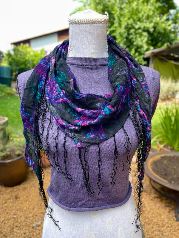 Black Scarf with Fringe and Butterfly Motif