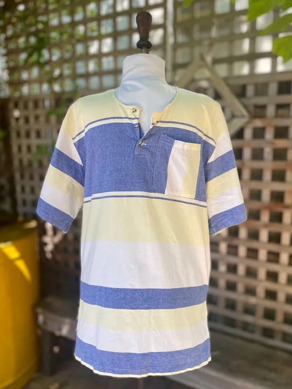 Blue Henley T-Shirt with Block Stripes and Breast Pocket