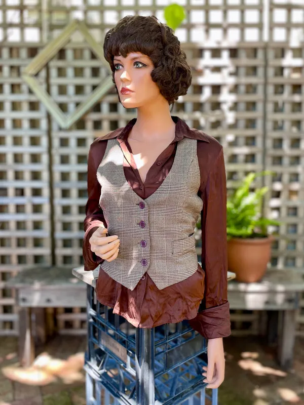 Brown Plaid Waistcoat with False Pockets