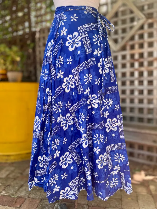 Blue Indonesian Woodblock Print Wrap Maxi Skirt