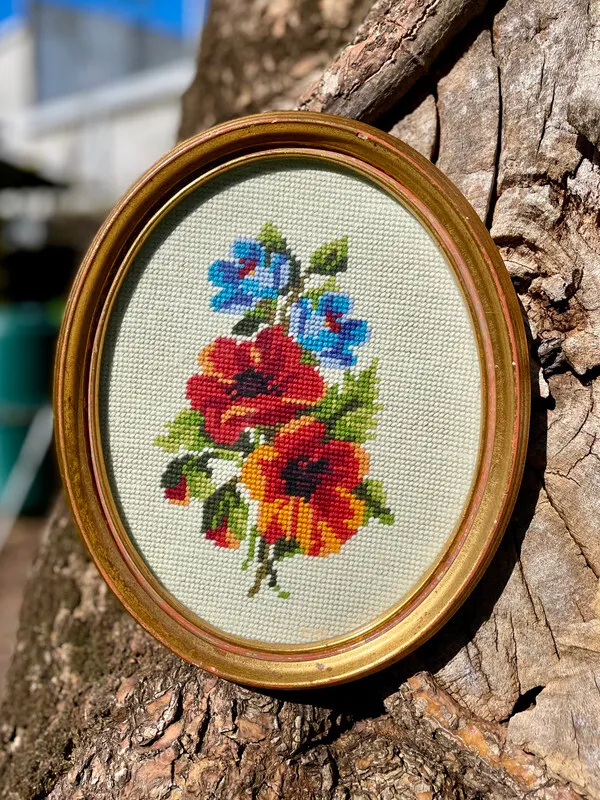 Floral Cross-Stitch in Oval Frame