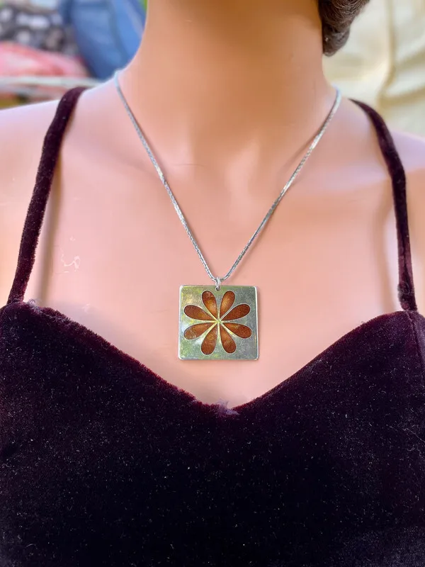 Long Chain with Square Floral Pendant