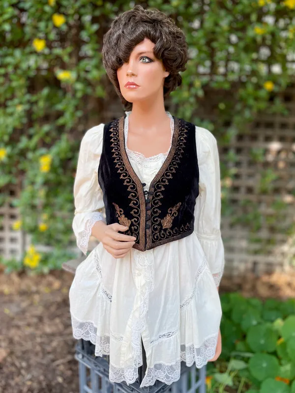 Black Velvet Cropped Vest with Embroidery Details