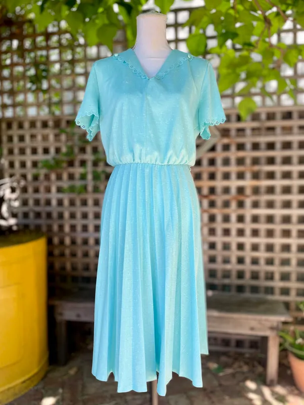 Blue Short Sleeved A-line Dress with Pleated Skirt
